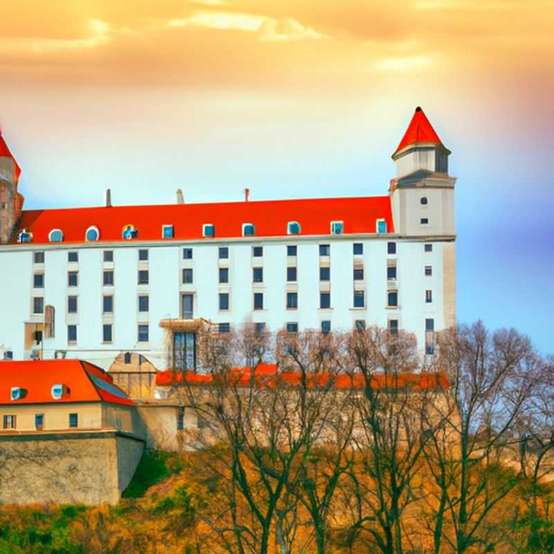 Four friends marvel at the captivating beauty of Bratislava Castle, its historic grandeur standing tall against the vibrant autumn foliage, during their four-day exploration of Bratislava, Slovakia.