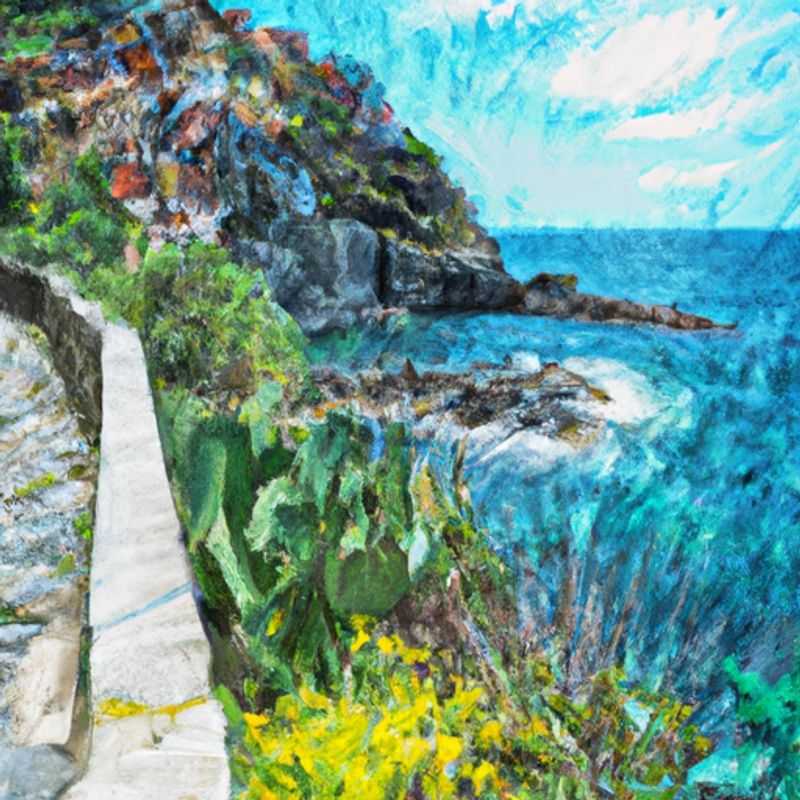 A couple strolls along the enchanting Sentiero Azzurro (Blue Trail) in Cinque Terre, Italy, during springtime, surrounded by vibrant vineyards, terraced hillsides, and the azure waters of the Mediterranean Sea.