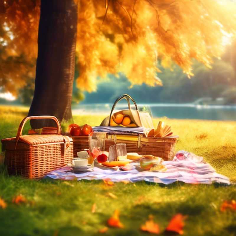 Un conjunto de picnic completo listo para disfrutar de una comida al aire libre, con manteles, platos, cubiertos y vasos, perfecto para una escapada al campo o un día de playa.