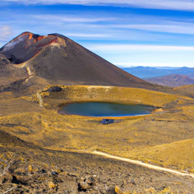 A lone traveler embarks on a breathtaking journey through the Tongariro Northern Circuit, New Zealand, during the vibrant hues of autumn, surrounded by stunning volcanic landscapes and lush greenery.