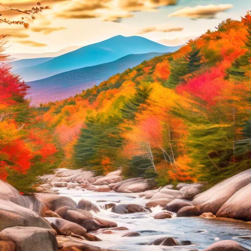 Um mochileiro solitário, o viajante de última hora, desfrutando das cores vibrantes do outono nas Montanhas Brancas, New Hampshire, EUA, em uma jornada de 2 semanas de aventura e descobertas.