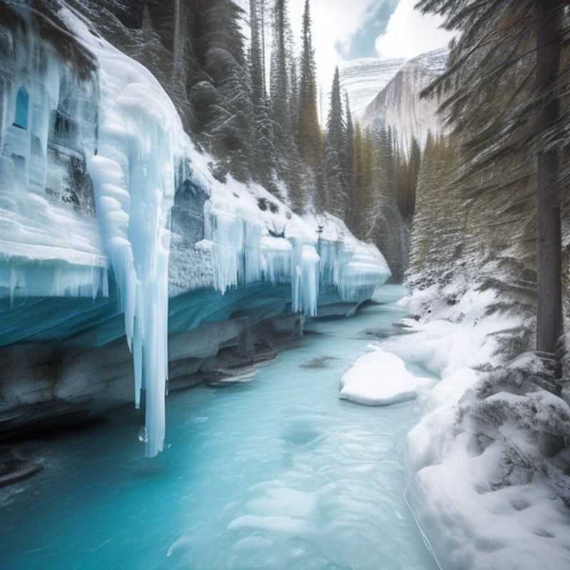 Un voyageur solo avec un sac à dos explorant le parc national de Banff, Canada, pendant l'hiver, entouré de paysages enneigés et de montagnes majestueuses lors de son escapade de 4 jours.
