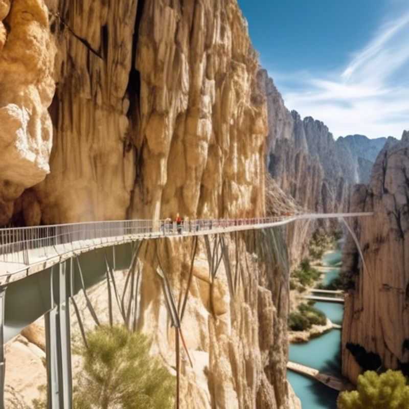 Una pareja aventurera recorre el Caminito del Rey en España durante su viaje de 2 semanas en caravana en primavera. El sendero se extiende por acantilados impresionantes, ofreciendo vistas panorámicas del paisaje.