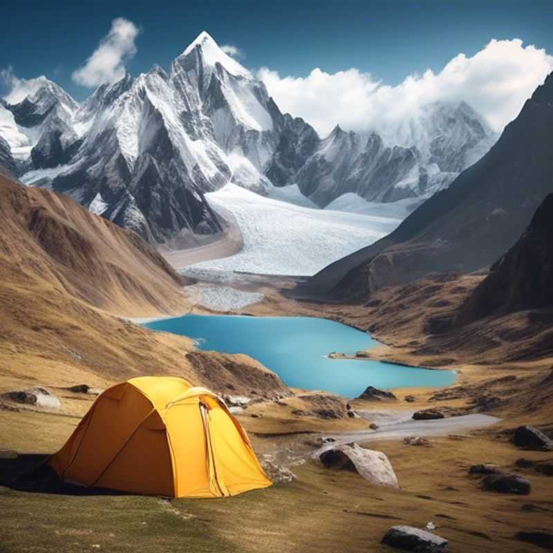 Uma mochila solo, um viajante digital e nômade de luxo apreciando a beleza deslumbrante do Circuito Huayhuash no Peru. Montanhas imponentes e picos nevados se erguem contra o céu azul outonal, enquanto o viajante se prepara para uma semana de aventura em um dos trekkings mais espetaculares da América do Sul.