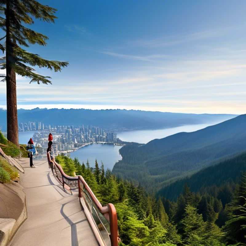 Un grupo de cuatro mochileros, The Romantic Traveler, disfruta de una caminata desafiante en el Grouse Grind, Vancouver, Canadá, durante la transición entre el verano y el otoño. La imagen muestra la belleza natural del sendero mientras los aventureros disfrutan del aire fresco y las vistas panorámicas.