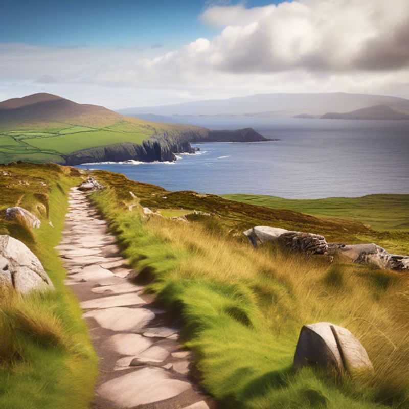 Un groupe de six sacs à dos, les voyageurs de l'année sabbatique, explorant les paysages verdoyants et les sentiers sinueux du Kerry Way en Irlande pendant leur séjour de trois semaines entre l'été et l'automne.