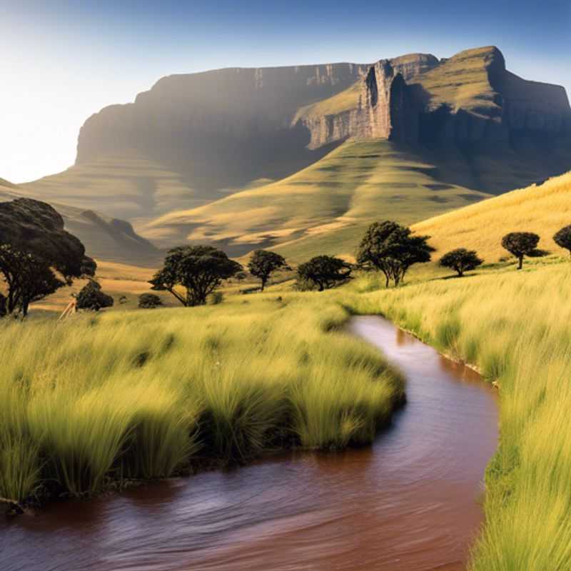 Cuatro mochileros del grupo The Cultural Explorer explorando las majestuosas Montañas Drakensberg en Sudáfrica, rodeados de paisajes otoñales vibrantes durante su aventura de una semana.