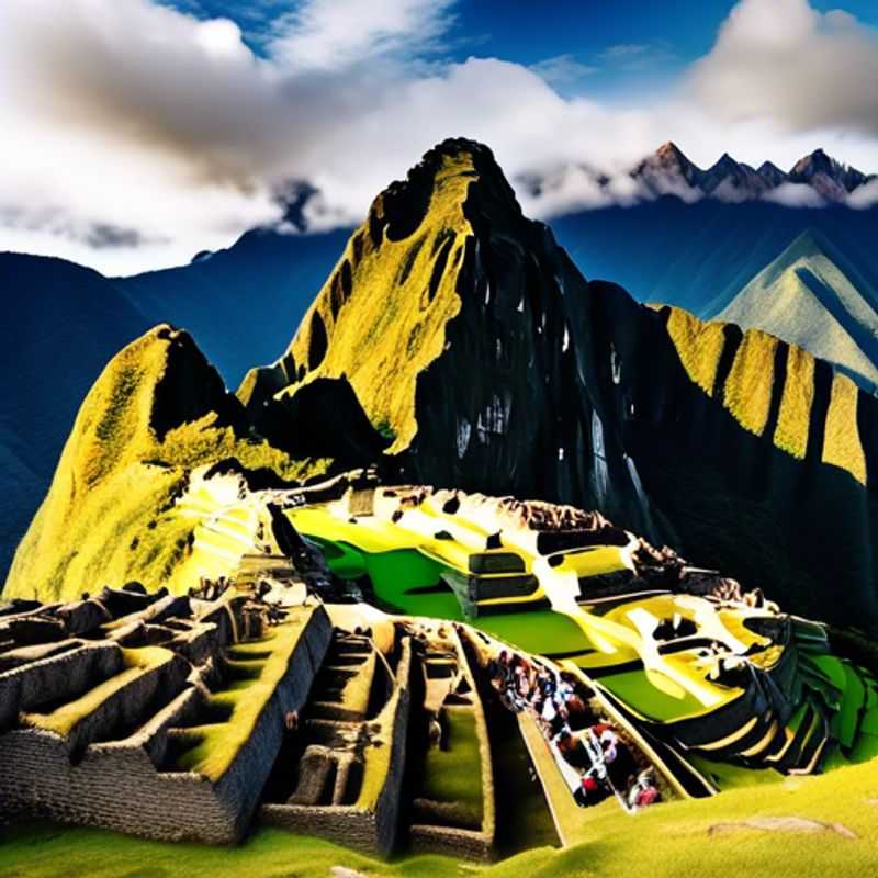 A group of six adventurous backpackers trekking along the iconic Inca Trail, surrounded by breathtaking autumn scenery, as they make their way to the ancient ruins of Machu Picchu, Peru, during their week-long journey.