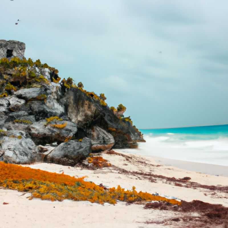 A solo digital nomad immerses themselves in the vibrant culture and natural beauty of Tulum, Mexico, during a 5-day autumn retreat. The image captures the traveler basking in the warm glow of sunset, surrounded by the ancient Mayan ruins and the turquoise waters of the Caribbean Sea.