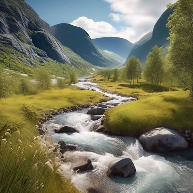 Pareja de nómadas digitales trabajando de forma remota desde su caravana en el impresionante Valle de Aurlandsdalen, Noruega, durante su viaje de tres semanas en primavera, rodeados de exuberantes paisajes y flores en plena floración.