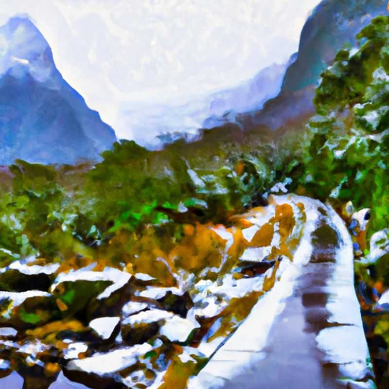 A solitary figure stands amidst the awe-inspiring grandeur of Milford Track, New Zealand, during a 2-week winter trek. Snow-capped peaks pierce the heavens, while crystal-clear waters reflect the pristine beauty of the surrounding wilderness, inviting the traveler to embrace the solitude and tranquility of this breathtaking landscape.