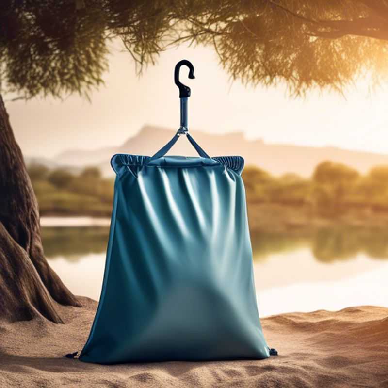 A portable shower bag, perfect for glamping or outdoor adventures, hangs from a tree branch.