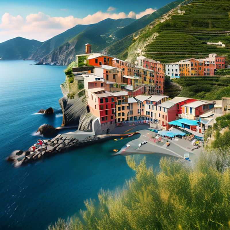 Un voyageur en solo explorant les charmantes maisons colorées de Cinque Terre, en Italie, pendant une semaine entre l'été et l'automne, avec un sac à dos et une vue imprenable sur la mer.