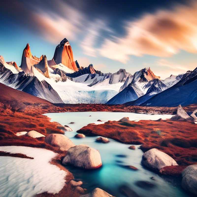 Cuatro mochileros en un grupo organizado disfrutando del impresionante Trekking del Monte Fitz Roy en Argentina, explorando paisajes de ensueño entre el invierno y la primavera durante su aventura de tres semanas.