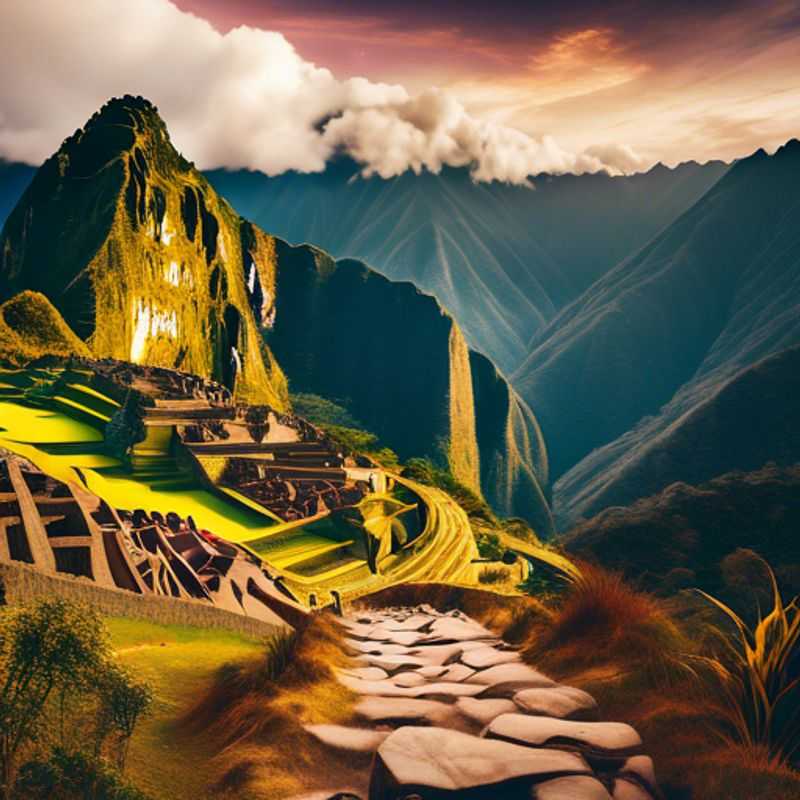 A group of six adventurous backpackers trekking along the iconic Inca Trail, surrounded by breathtaking autumn scenery, as they make their way to the ancient ruins of Machu Picchu, Peru, during their week-long journey.