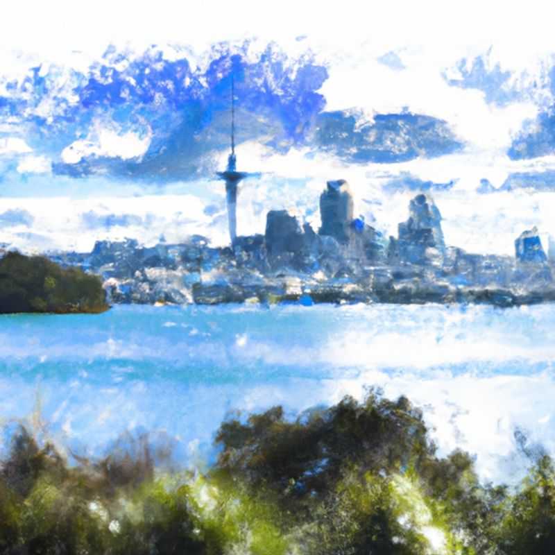 A solitary traveler stands on the windswept shores of Auckland's Mission Bay, gazing out at the moody winter seascape. The iconic Sky Tower, a symbol of the city's vibrant spirit, pierces the overcast sky, offering a promise of adventure and exploration during her two-week solo sojourn in this captivating New Zealand destination.