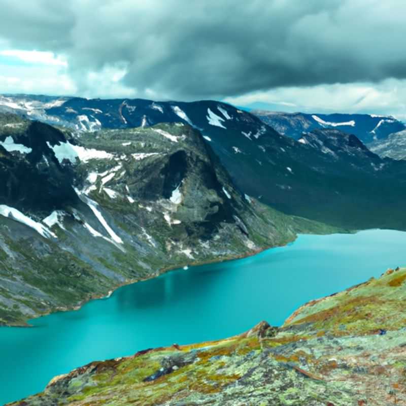 A lone hiker stands atop Besseggen Ridge, Norway, marveling at the breathtaking panorama of turquoise lakes, verdant valleys, and rugged peaks, as the golden hues of autumn dance across the landscape, marking the transition between summer and fall.