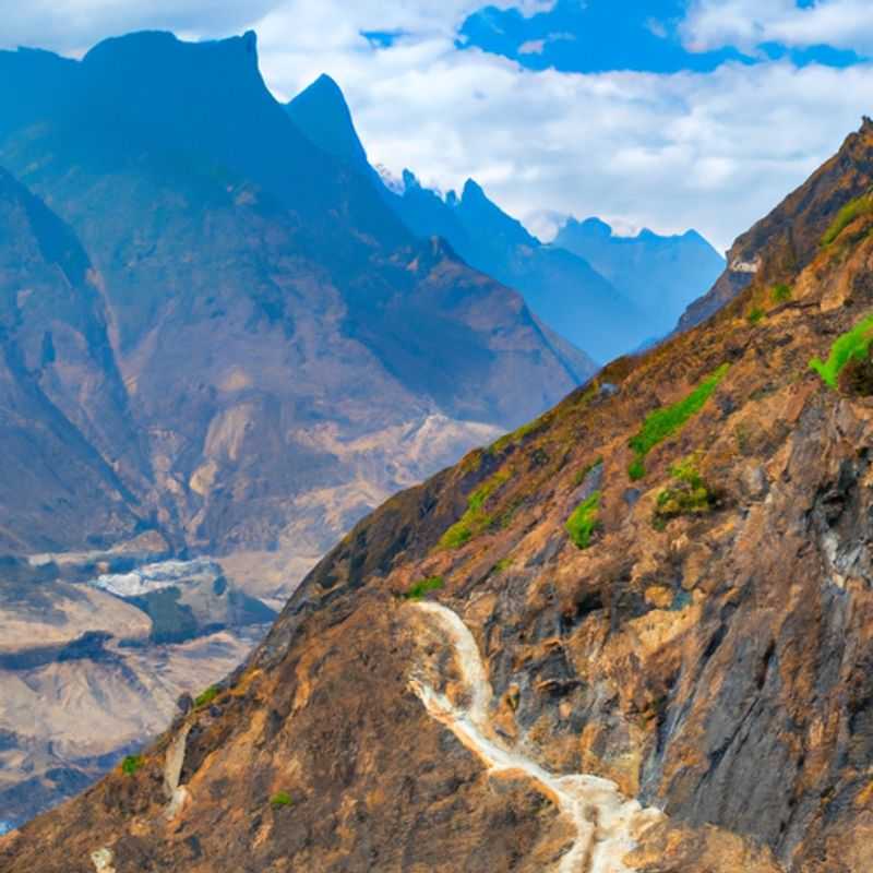 An intrepid group of four trekkers pauses to capture the breathtaking vista of Tiger Leaping Gorge, China, during their 5-day adventure between summer and fall. The gorge's emerald waters roar below, flanked by sheer cliffs that reach towards the heavens.