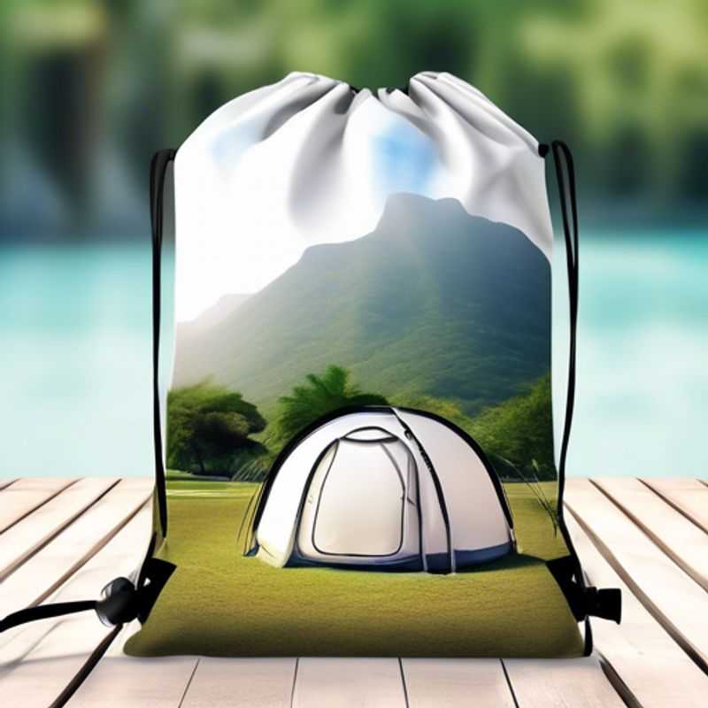 A portable shower bag, perfect for glamping or outdoor adventures, hangs from a tree branch.