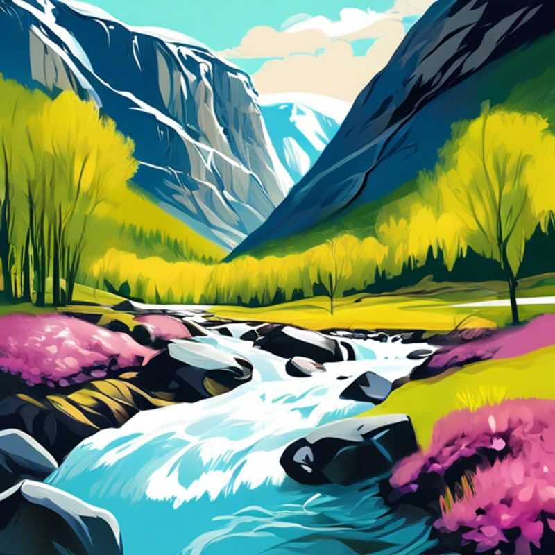 Pareja de nómadas digitales trabajando de forma remota desde su caravana en el impresionante Valle de Aurlandsdalen, Noruega, durante su viaje de tres semanas en primavera, rodeados de exuberantes paisajes y flores en plena floración.