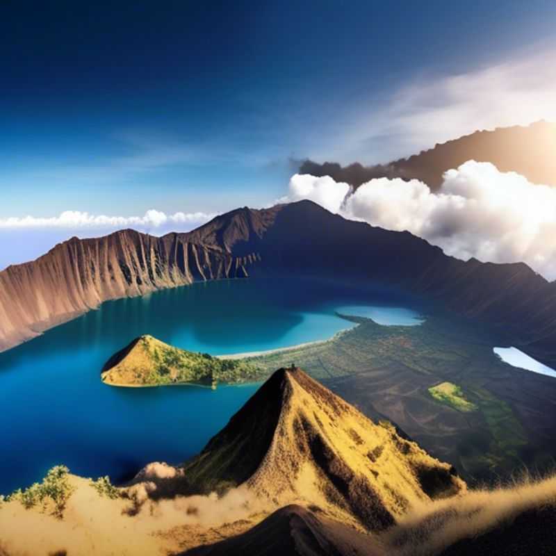 Quatre randonneurs du groupe The Cultural Explorer admirant la majesté du Mont Rinjani, en Indonésie, lors de leur aventure de deux semaines à l'automne, entourés de paysages époustouflants et de culture locale.