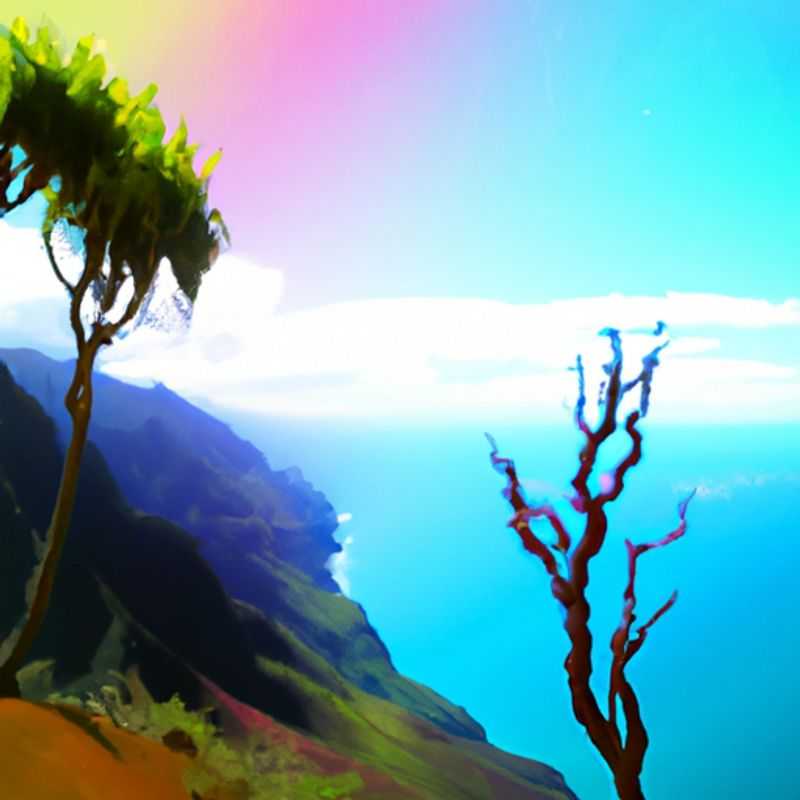 A couple embarking on the breathtaking Kalalau Trail on the rugged Na Pali Coast of Kauai, Hawaii, surrounded by lush greenery and pristine waterfalls, during their 4-day весеннее приключение.