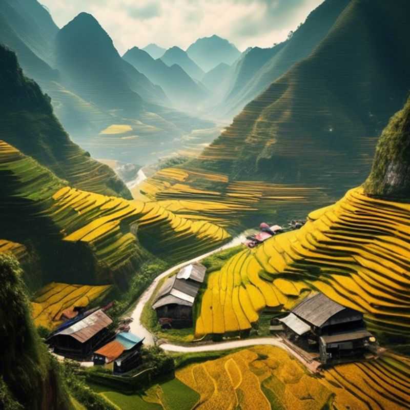 Un groupe de six nomades numériques explorant le spectaculaire Loop de Ha Giang, au Vietnam, entouré de paysages montagneux luxuriants et de rizières, lors de leur voyage de deux semaines entre l'été et l'automne.
