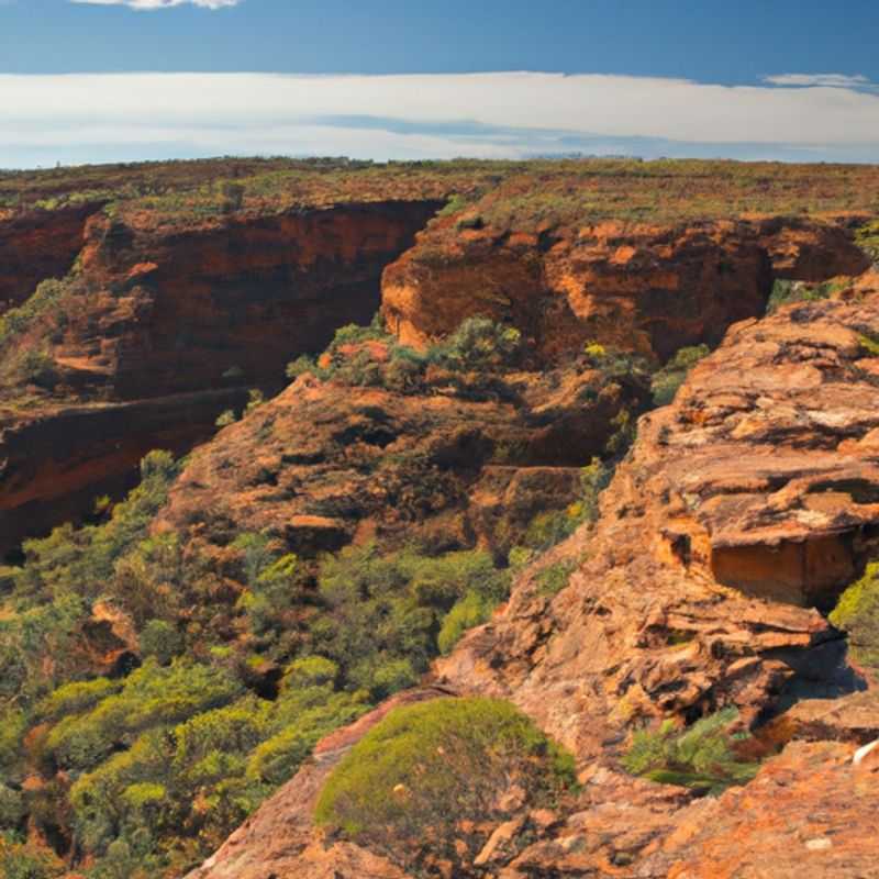 Four adventurous hikers traversing the breathtaking Kings Canyon Rim Walk in Australia, marveling at the mesmerizing sandstone cliffs and ancient Aboriginal rock art during their week-long journey between winter and spring.