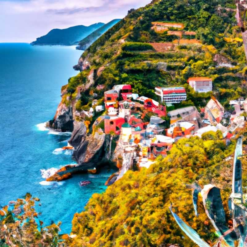 A breathtaking panorama of the colorful villages of Cinque Terre, Italy, nestled along the rugged Ligurian coastline, as captured by a group of four friends embarking on an unforgettable 2-week summer adventure.
