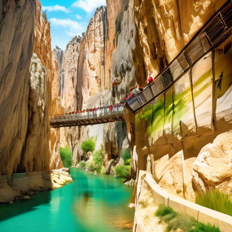 Una pareja aventurera recorre el Caminito del Rey en España durante su viaje de 2 semanas en caravana en primavera. El sendero se extiende por acantilados impresionantes, ofreciendo vistas panorámicas del paisaje.