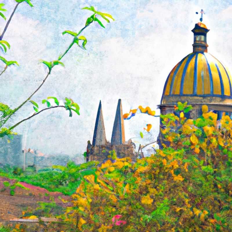 A couple strolls amidst the vibrant energy of Guadalajara, Mexico, during their 2-week spring adventure. The city's iconic Catedral de Guadalajara stands tall in the background, its ornate facade a testament to the city's rich cultural heritage.
