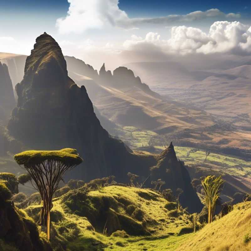Pareja disfrutando de las impresionantes vistas de las Montañas Simien en Etiopía, explorando la cultura local durante su viaje de 5 días en una caravana en primavera.