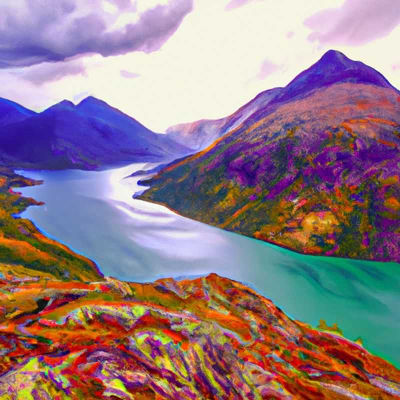 A lone hiker stands atop Besseggen Ridge, Norway, marveling at the breathtaking panorama of turquoise lakes, verdant valleys, and rugged peaks, as the golden hues of autumn dance across the landscape, marking the transition between summer and fall.