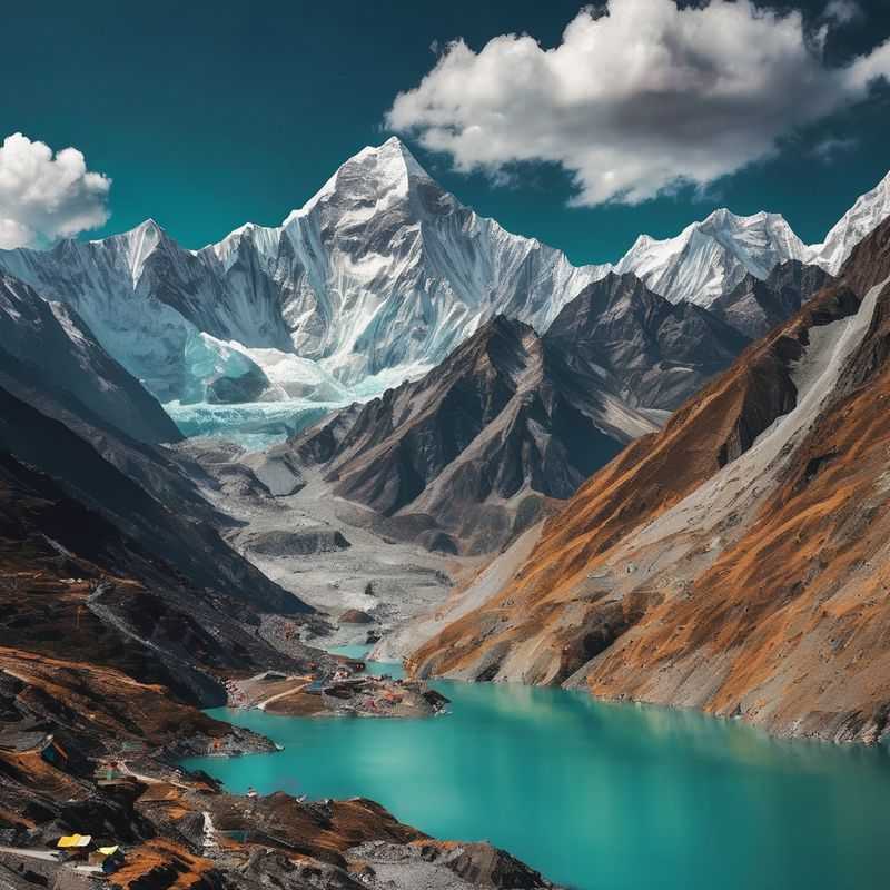 A breathtaking panorama of the turquoise Gokyo Lakes nestled amidst the towering, snow-capped Himalayas of Nepal, beckoning trekkers to explore this pristine wilderness.