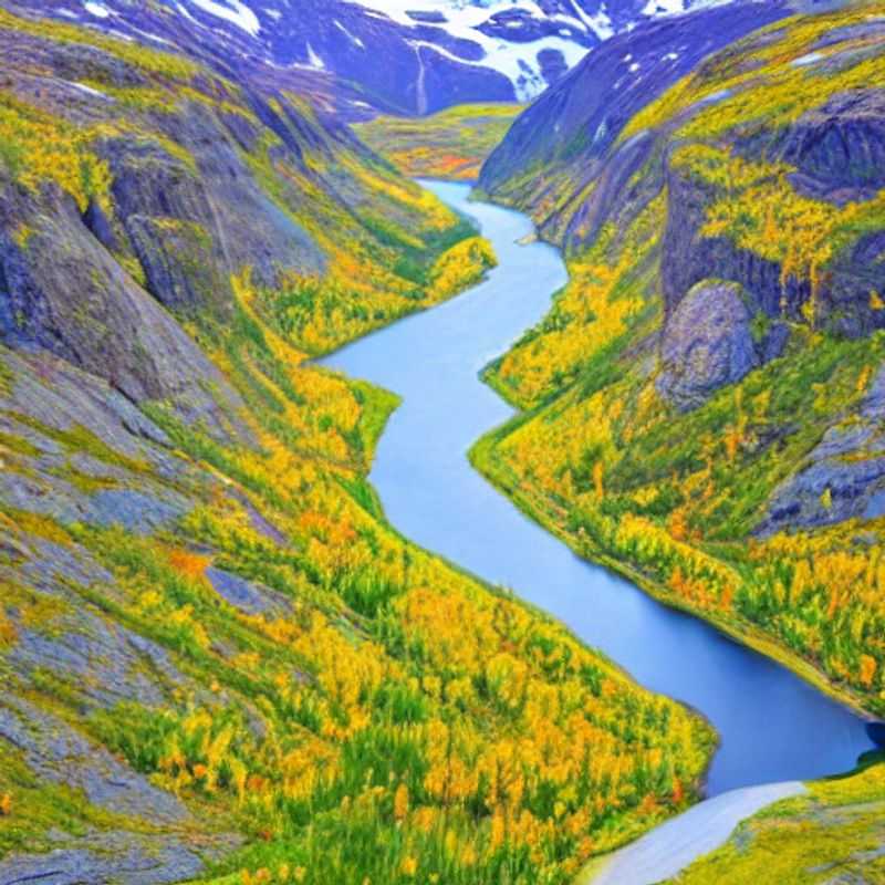 Paisagem exuberante do Vale de Aurlandsdalen na Noruega, convidando a uma aventura inesquecível de verão. Um paraíso verdejante para caminhadas e exploração.