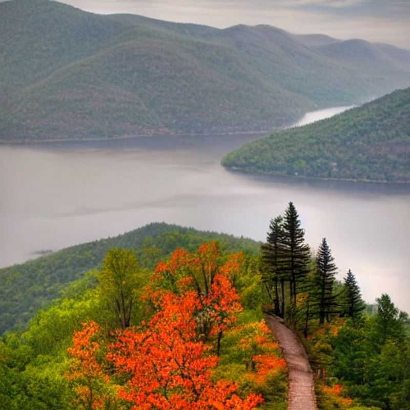 Живописный вид на Bear Mountain Loop, США, идеально подходящий для летнего отдыха, с пышной зеленью и ярким солнцем.