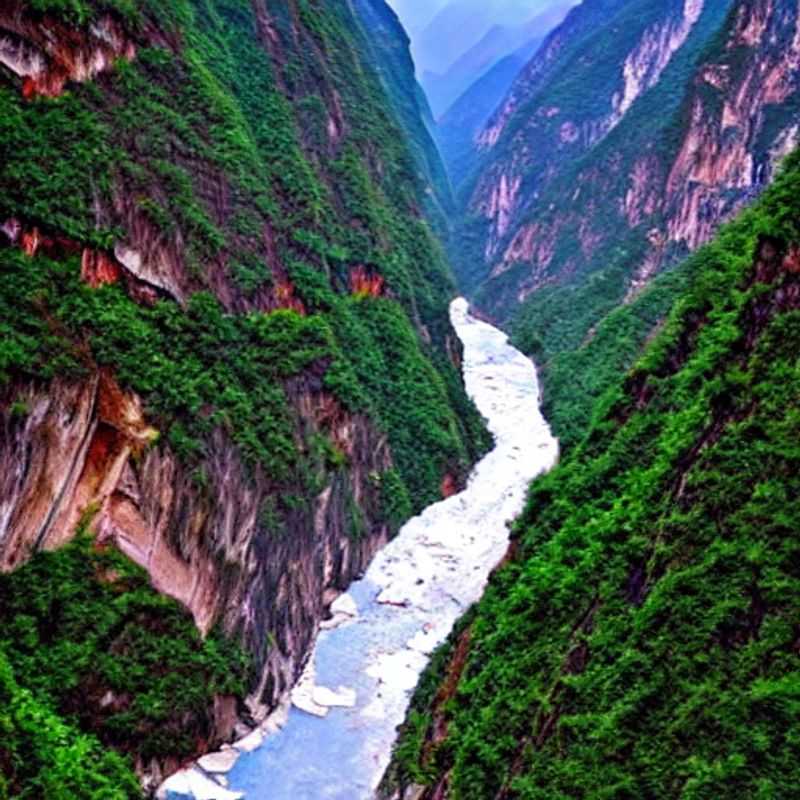Dos amigos disfrutando de la impresionante vista del cañón del Salto del Tigre, un destino espectacular para unas vacaciones de verano en China.