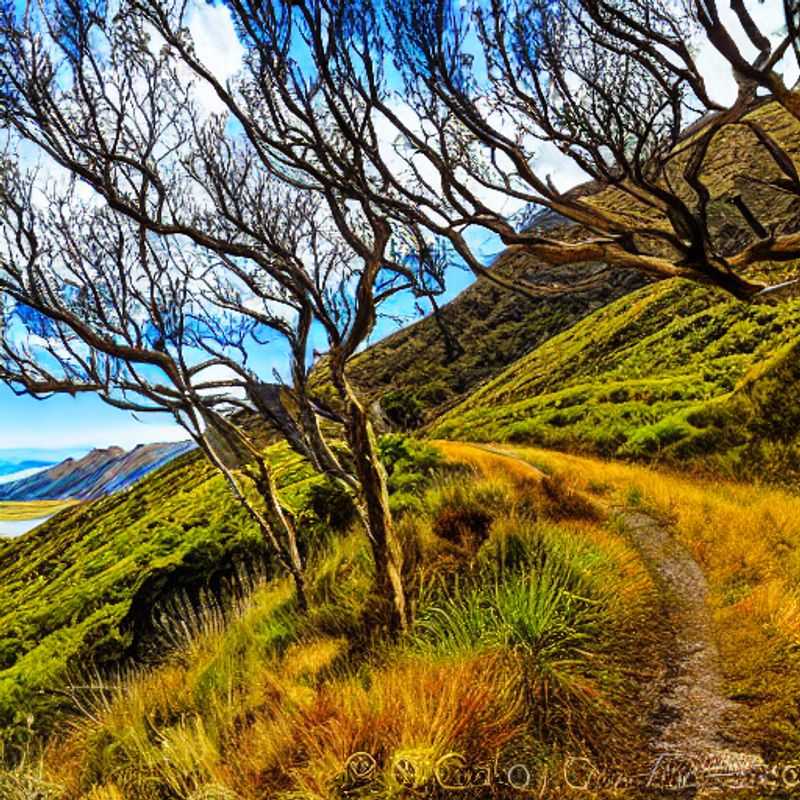 Sentier Te Araroa, Nouvelle-Zélande, serpentant à travers un paysage verdoyant et baigné de soleil – une invitation à l'aventure estivale idéale pour les amoureux de la nature. (Te Araroa Trail, New Zealand, winding through a lush, sun-drenched landscape - an invitation to the ideal summer adventure for nature lovers.)