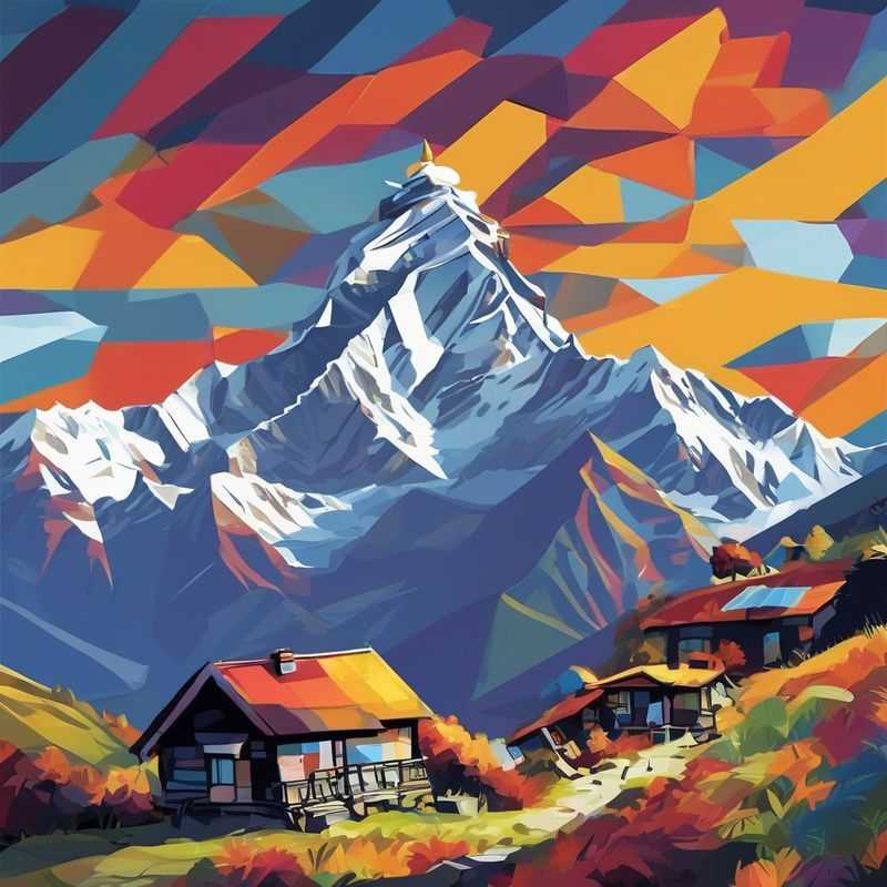 A panoramic view of Mardi Himal Trek, Nepal, showcasing the majestic Himalayan peaks bathed in golden morning light, with trekkers silhouetted against the breathtaking landscape.