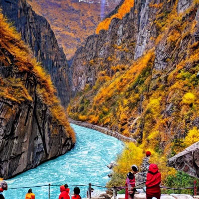 Dos amigos disfrutando de la impresionante vista del cañón del Salto del Tigre, un destino espectacular para unas vacaciones de verano en China.