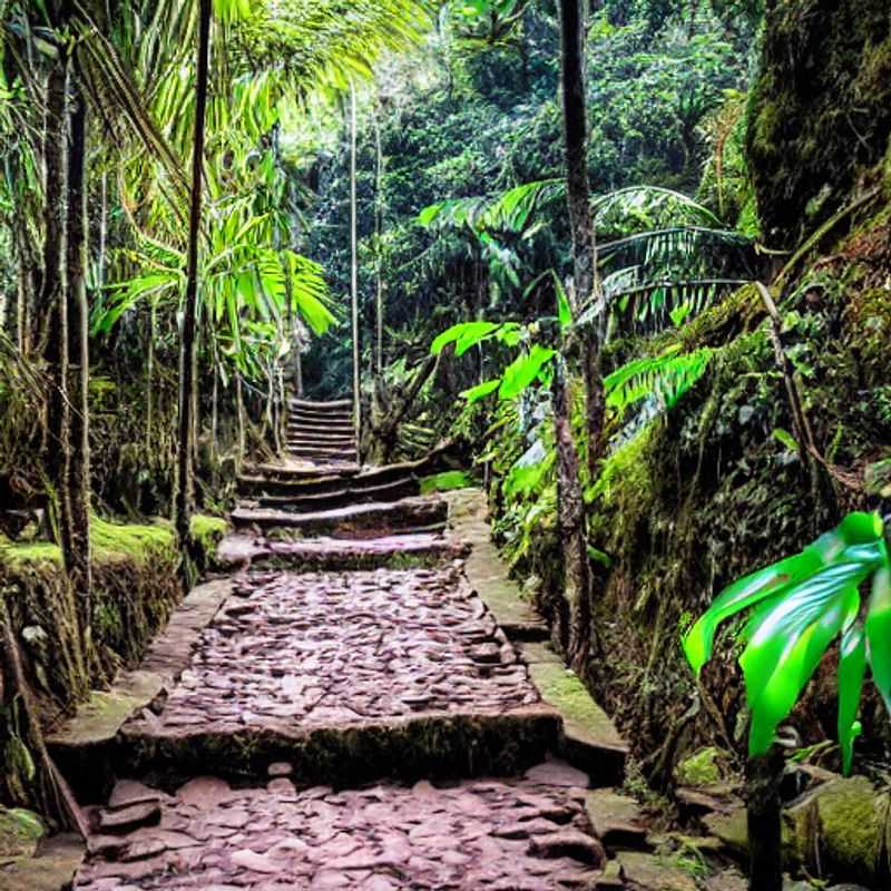 Dois aventureiros explorando a selva durante a emocionante trilha até Ciudad Perdida, Colômbia, em uma jornada de verão inesquecível.