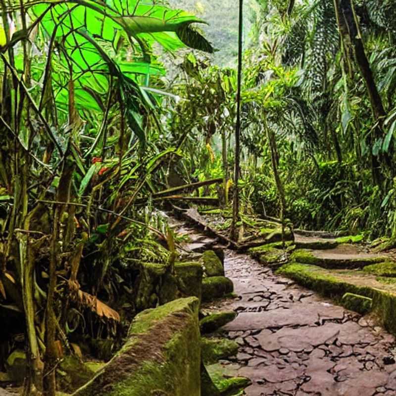 Dois aventureiros explorando a selva durante a trilha para Ciudad Perdida, Colômbia, em uma emocionante jornada de verão.