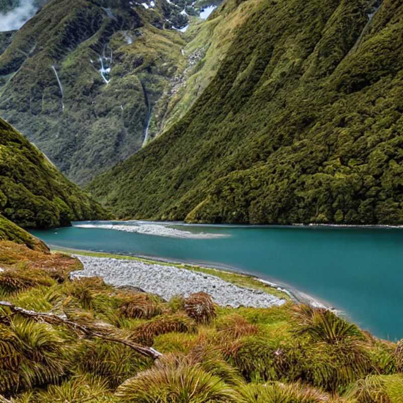 Sentier de Milford, Nouvelle-Zélande : Un paradis estival vert émeraude, parfait pour une randonnée inoubliable pendant vos vacances d'été. (Milford Track, New Zealand: An emerald green summer paradise, perfect for an unforgettable hike during your summer vacation.)