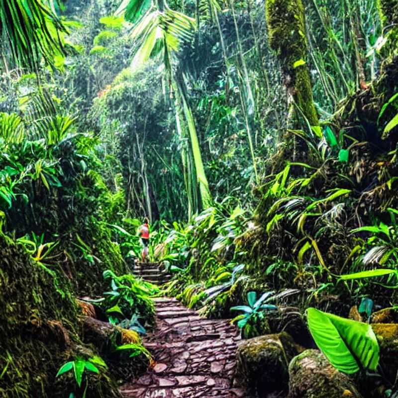 Dois aventureiros explorando a selva durante a trilha para Ciudad Perdida, Colômbia, em uma emocionante jornada de verão.