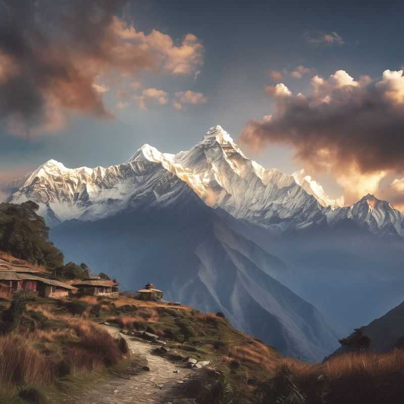 A panoramic view of Mardi Himal Trek, Nepal, showcasing the majestic Himalayan peaks bathed in golden morning light, with trekkers silhouetted against the breathtaking landscape.