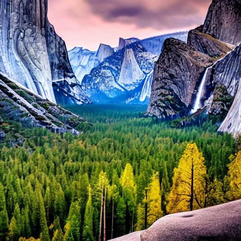 Vaste panorama de Yosemite sous le soleil estival : falaises de granit imposantes, forêts verdoyantes et cascades rafraîchissantes, un paradis pour les vacances d'été.