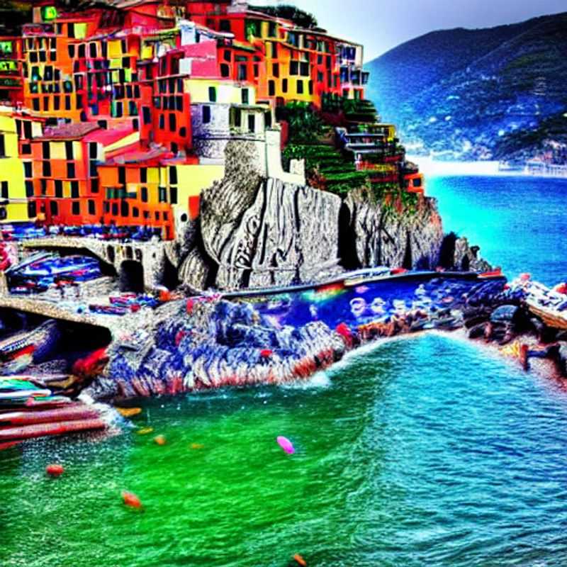 Cinque Terre's vibrant villages clinging to the Italian Riviera coastline, bathed in golden summer sunlight, a perfect destination for a memorable summer holiday.