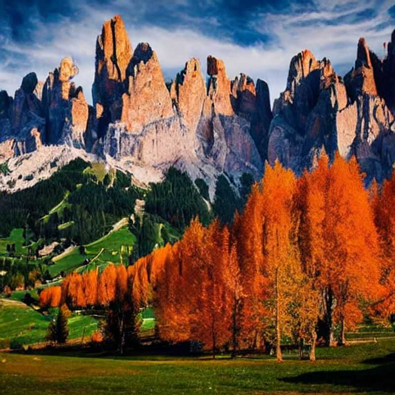 Vue panoramique des Dolomites en été : des sommets verdoyants et ensoleillés qui invitent à l'aventure, confirmant que les Dolomites sont une destination estivale idéale pour la randonnée et la découverte.