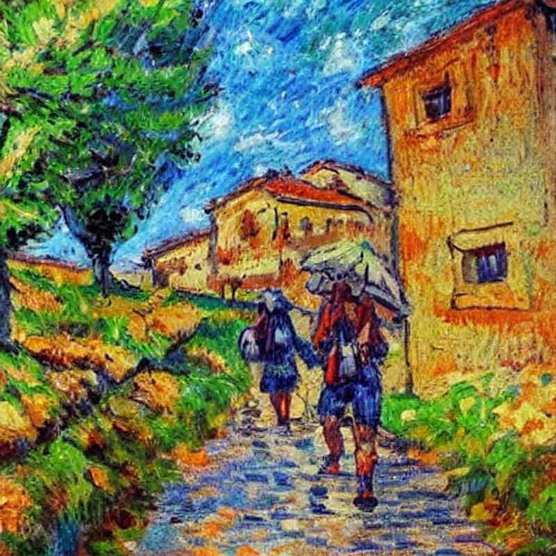 Deux pèlerins marchant sur le mythique Chemin de Saint-Jacques, une destination iconique pour des vacances estivales en Espagne.