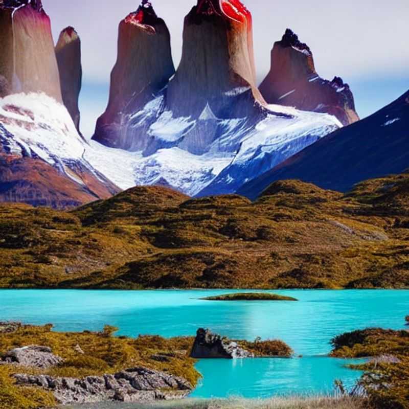 French: Le majestueux massif du Torres del Paine, Chili, se dressant fièrement sous le soleil d'été, une promesse d'aventure inoubliable. Est-ce la destination idéale pour vos vacances estivales?